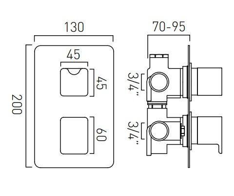 Vado Phase 2 Outlet 2 Handle Thermostatic Shower Valve Wall Mounted