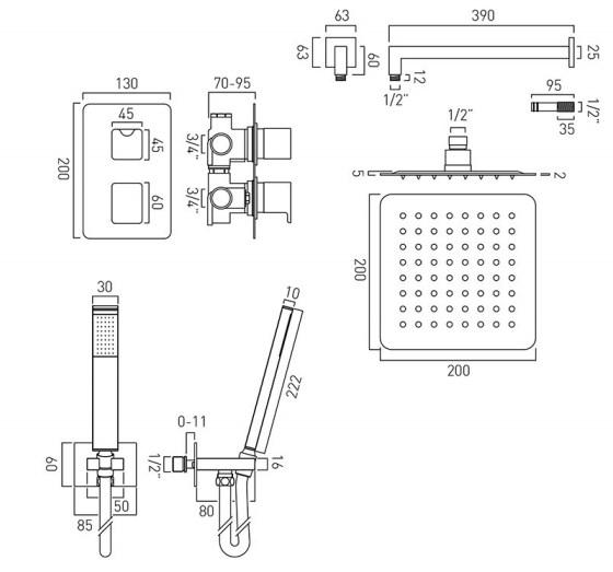 Vado DX Phase 2 Outlet Square Thermostatic Shower Set