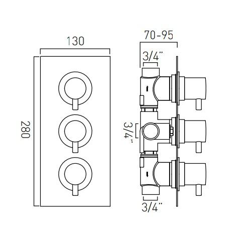 Vado Celsius Square 2 Outlet 3 Handle Thermostatic Shower Valve