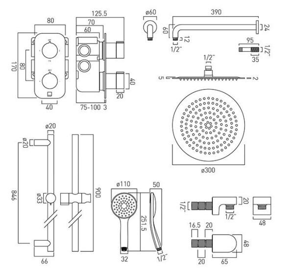 Vado Tablet Altitude - 2 Outlet Vertical Thermostatic Shower set and Slide Rail Kit