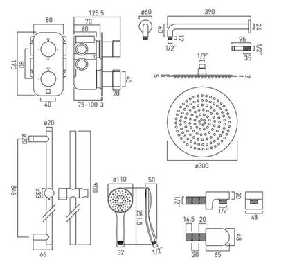 Vado Tablet Altitude - 2 Outlet Vertical Thermostatic Shower set and Slide Rail Kit