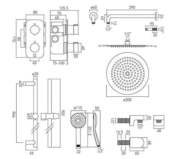 Vado Tablet Notion - 2 Outlet Thermostatic Vertical Shower set and Slide Rail Kit