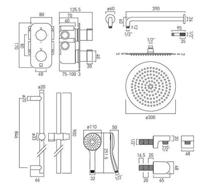 Vado Tablet Notion - 2 Outlet Thermostatic Vertical Shower set and Slide Rail Kit