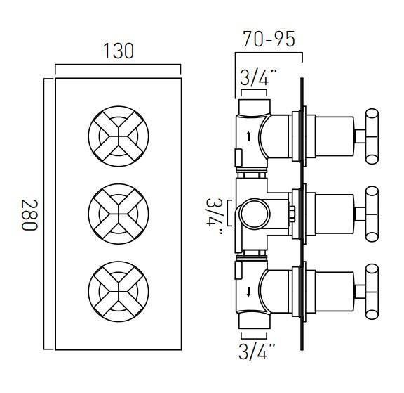 Vado Elements 2 Outlet 3 Handle Thermostatic Shower Valve Wall Mounted