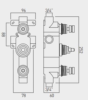 Vado Shower Valve Body For Tablet Concealed 2 Outlet, 3 Handle Thermostatic Shower Valve