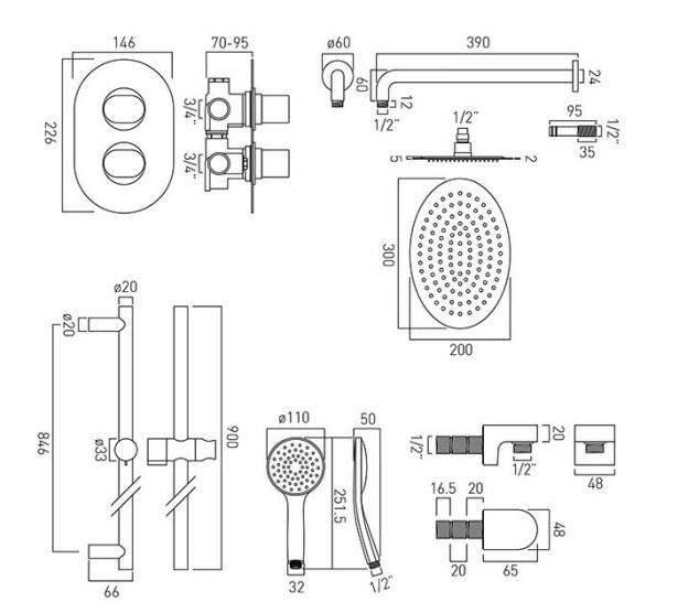 Vado DX Life  - 2 Outlet Thermostatic Oval Shower set With Atmosphere Kit