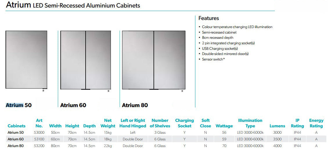 HiB Atrium 50cm 1 Door Illuminated Recessed Aluminium Cabinets