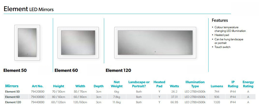 HiB Element Illuminated Rectangular Wall Mounting LED Mirror