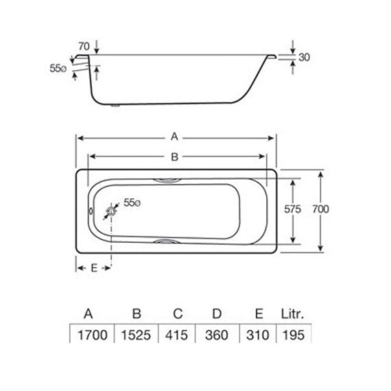 Roca Carla Single Ended Rectangular Steel Bath