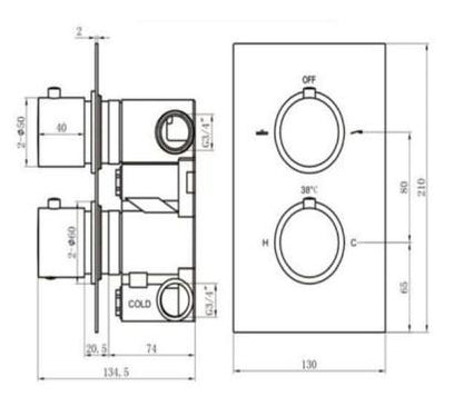 RAK Dual Outlet, 2 Handle Thermostatic Concealed Shower Valve