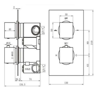 RAK Dual Outlet, 2 Handle Thermostatic Concealed Shower Valve in Black