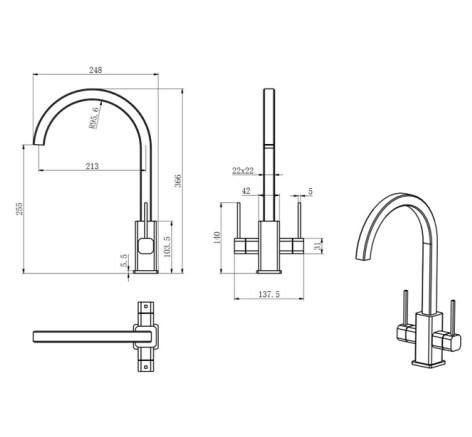 RAK Athens Modern Twin Lever Kitchen Sink Mixer - Silver