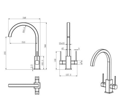 RAK Athens Modern Twin Lever Kitchen Sink Mixer - Silver