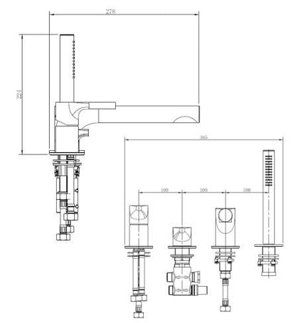 RAK-Sorrento 4 Hole Deck Mounted Bath Shower Mixer