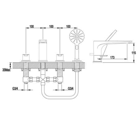 RAK-Sport 4 Hole Deck Mounted Bath Shower Mixer - Chrome