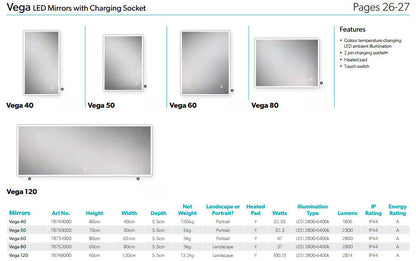 HiB Vega Illuminated LED Mirror with Charging Socket