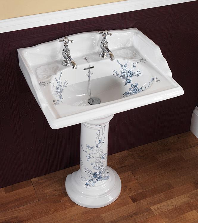 Silverdale Victorian 635mm Basin with Pedestal - Blue/Garden