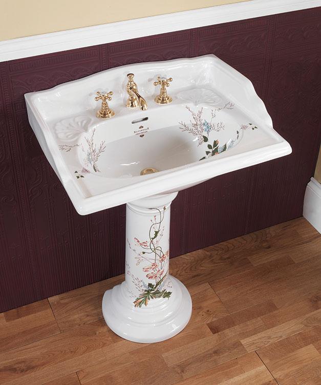 Silverdale Victorian 635mm Basin with Pedestal - Blue/Garden