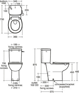 Armitage Shanks Contour 21 standard toilet seat - no cover - bottom fixing hinges